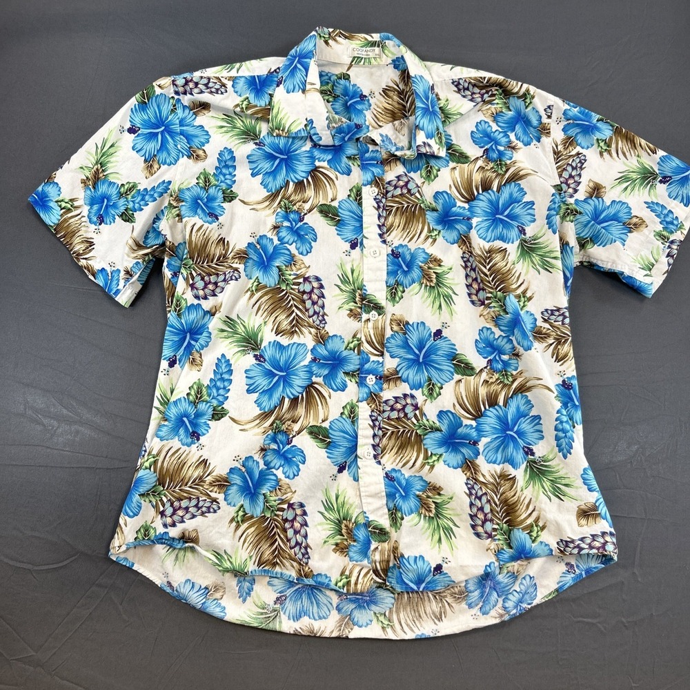 Coofandy Hawaiian shirt features a vibrant blue hibiscus/tropical leaf pattern